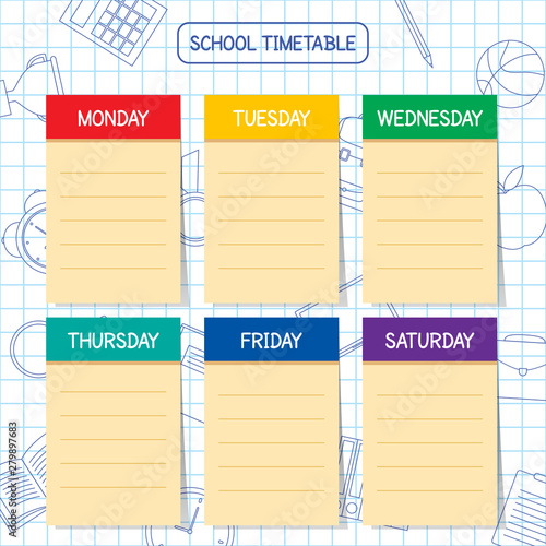School timetable template,  a weekly curriculum design, vector illustration