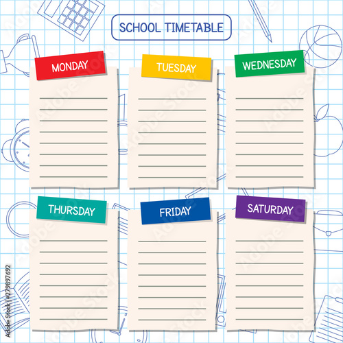School timetable template, a weekly curriculum design, vector illustration