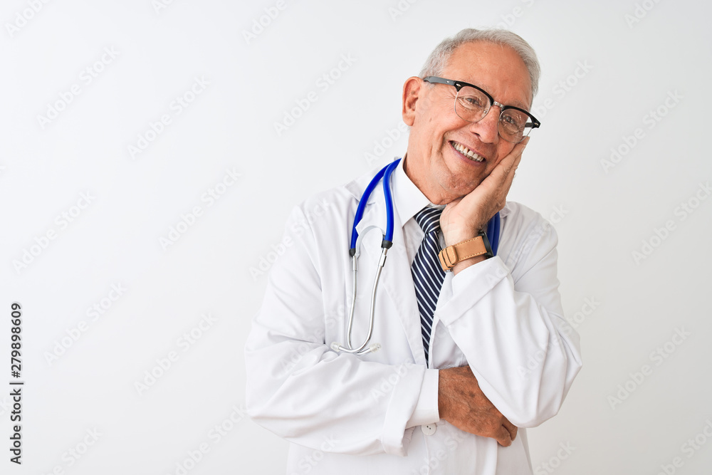 Senior grey-haired doctor man wearing stethoscope standing over isolated white background thinking looking tired and bored with depression problems with crossed arms. Senior grey-haired doctor man wearing stethoscope standing over isolated white background thinking looking tired and bored with depression problems with crossed arms.