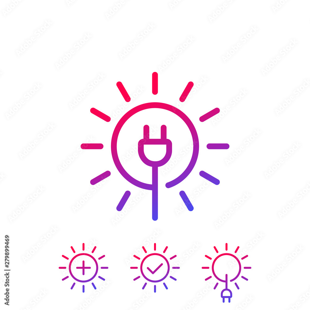 Solar energy, sun and electric plug, vector linear logo and icons Solar energy, sun and electric plug, vector linear logo and icons
