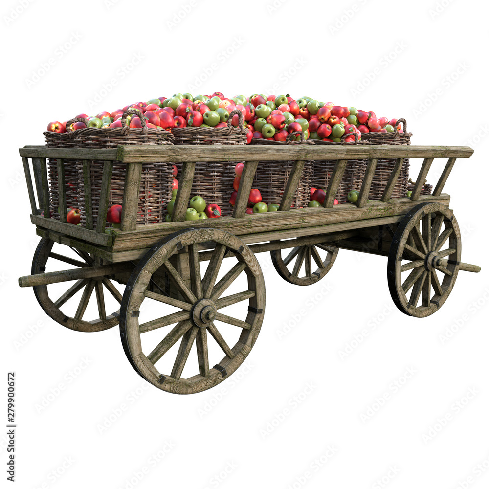 Wooden cart with red ripe apples in buckets.