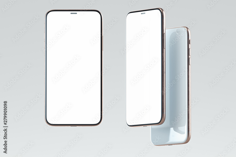 White Mobile phones with blank screens isolated on white background. 3d rendering. White Mobile phones with blank screens isolated on white background. 3d rendering.