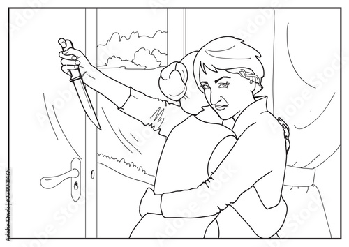 Girl hugging her best friend. One of them holds a knife behind his back. Coloring pages for adults in psychology. Betrayal.