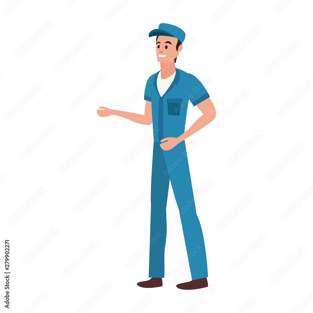 worker cleaning man in uniform and cap