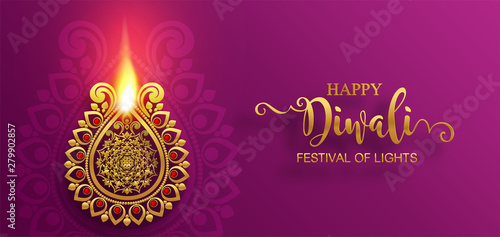 Diwali, Deepavali or Dipavali the festival of lights india with gold diya patterned and crystals on paper color Background.