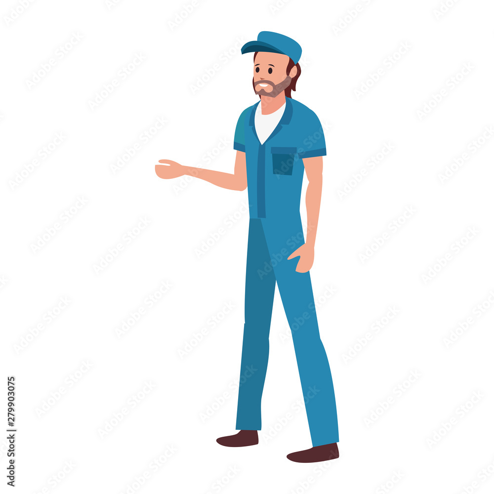 worker cleaning man in uniform and cap