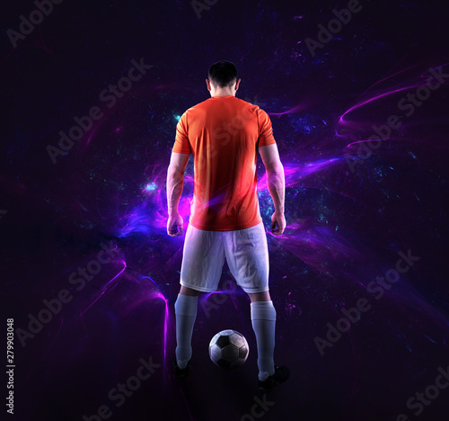 Foto Football scene with soccer player in front of a futuristic digital background