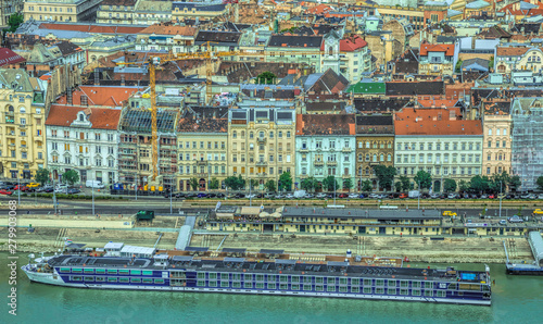 Old houses of Budapest and the Danube River, aerial view