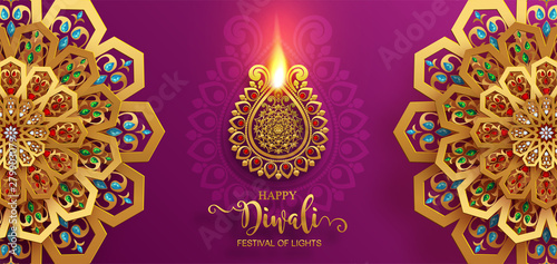 Diwali, Deepavali or Dipavali the festival of lights india with gold diya patterned and crystals on paper color Background.