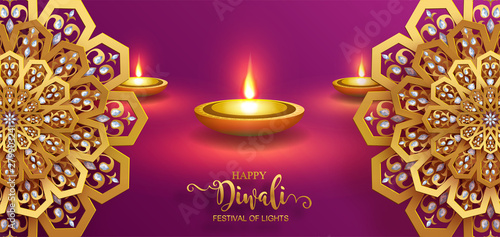 Diwali, Deepavali or Dipavali the festival of lights india with gold diya patterned and crystals on paper color Background.