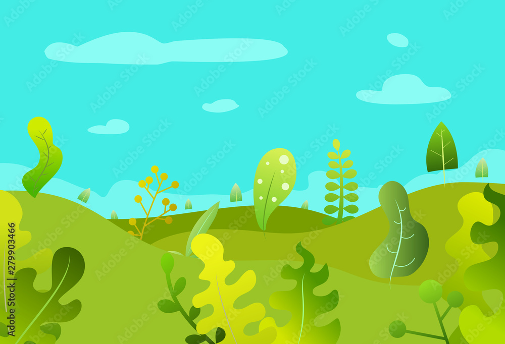 Cartoon abstract landscape with plants, leaves or trees in trendy geometric flat style. Minimalistic colorful vector design background.