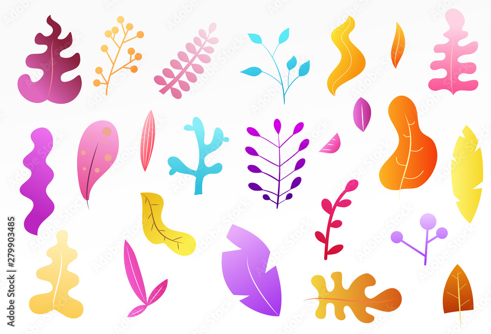 Set of abstract plants, leaves or trees in trendy geometric flat style. Minimalistic colorful vector design isolated on white background. Set of abstract plants, leaves or trees in trendy geometric flat style. Minimalistic colorful vector design isolated on white background.