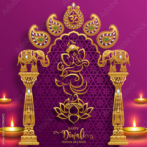 Photo Diwali, Deepavali or Dipavali the festival of lights india with gold diya patterned and crystals on paper color Background