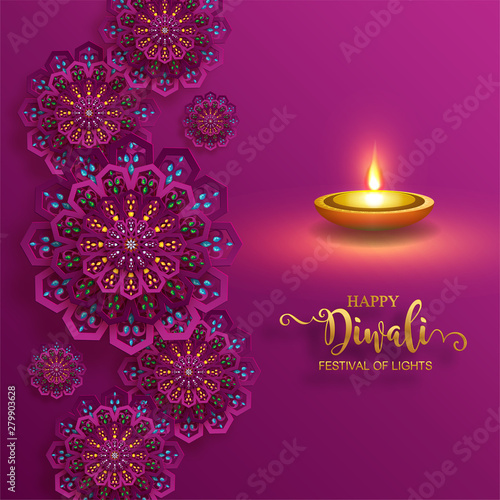 Diwali, Deepavali or Dipavali the festival of lights india with gold diya patterned and crystals on paper color Background.