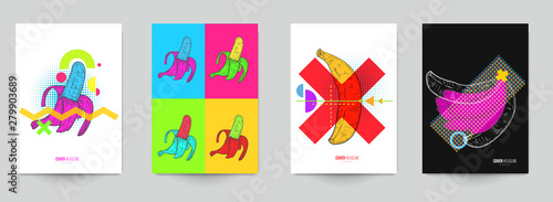 Set background for covers, invitations, posters, banners, flyers, placards. Minimal template design for branding, advertising with hand drawn sketch banana in fashion pop art style. photo