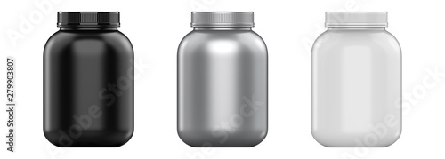 3d rendering sport nutrition containers set without label. Whey protein and mass gainer white, silver, black plastic jar isolated on white background.