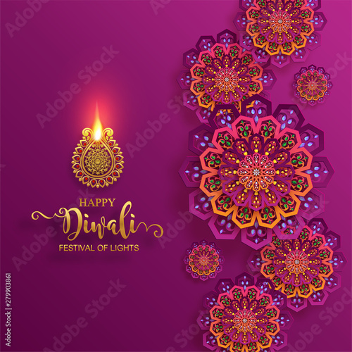 Diwali, Deepavali or Dipavali the festival of lights india with gold diya patterned and crystals on paper color Background.