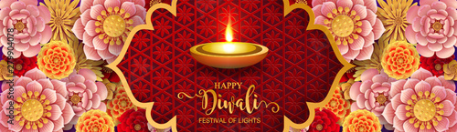 Diwali, Deepavali or Dipavali the festival of lights india with gold diya patterned and crystals on paper color Background.