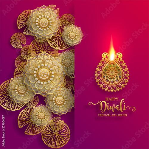 Diwali, Deepavali or Dipavali the festival of lights india with gold diya patterned and crystals on paper color Background.