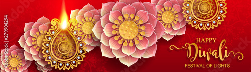 Diwali, Deepavali or Dipavali the festival of lights india with gold diya patterned and crystals on paper color Background.