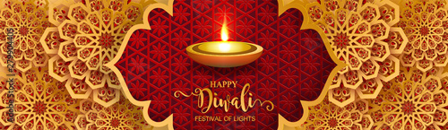 Diwali, Deepavali or Dipavali the festival of lights india with gold diya patterned and crystals on paper color Background.
