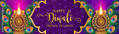 Diwali, Deepavali or Dipavali the festival of lights india with gold diya patterned and crystals on paper color Background.