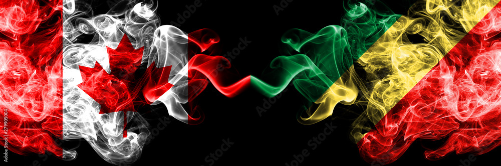 Fototapeta premium Canada vs Congo, Congolese smoky mystic flags placed side by side. Thick colored silky smoke flags of Canadian and Congo, Congolese.