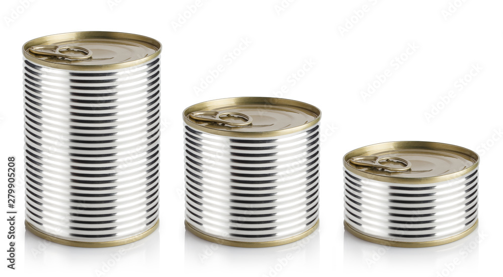 Set of metal tin cans, isolated on white background - obrazy, fototapety, plakaty 