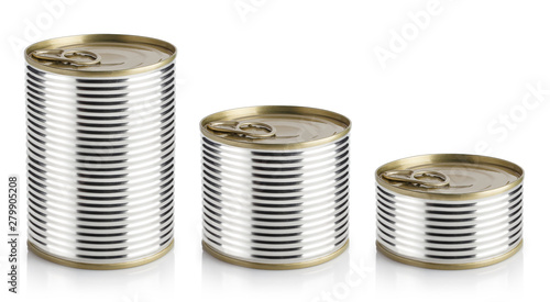 Set of metal tin cans, isolated on white background