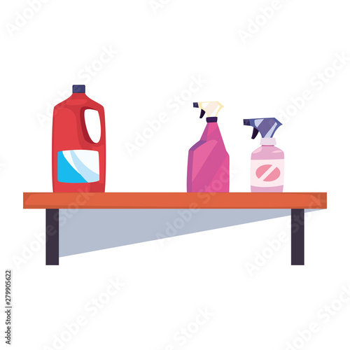 shelf with cleaning supplies and bottle
