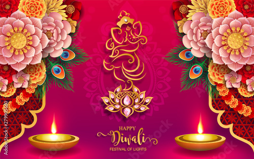 Diwali, Deepavali or Dipavali the festival of lights india with gold diya patterned and crystals on paper color Background.