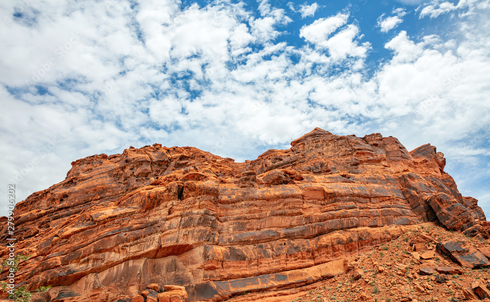 Valley of fire state park, Nevada USA. Red sandstone formations, blue sky with clouds