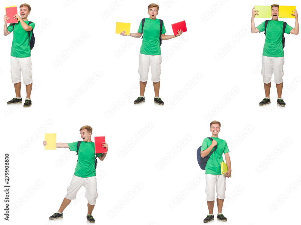 Young student with backpack and notes isolated on white