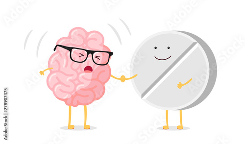 Cute cartoon ill human brain with headache and medicine pill. Sick central nervous system organ. Flat vector cartoon pain character illustration
