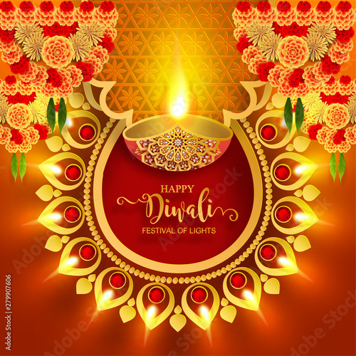 Diwali, Deepavali or Dipavali the festival of lights india with gold diya patterned and crystals on paper color Background.