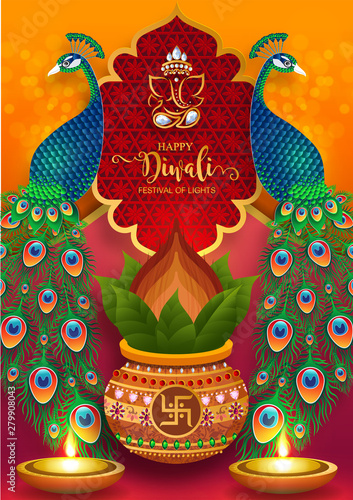 Diwali, Deepavali or Dipavali the festival of lights india with gold diya patterned and crystals on paper color Background.