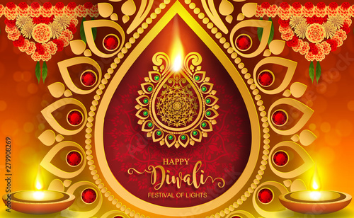 Diwali, Deepavali or Dipavali the festival of lights india with gold diya patterned and crystals on paper color Background.