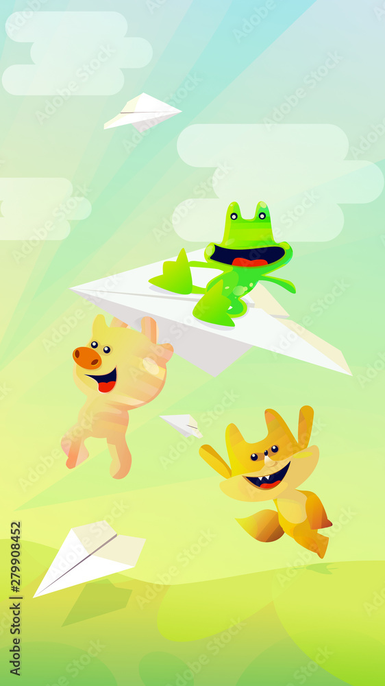 Fototapeta premium A fox a pig and a frog having a great time with paper planes in a sunny day