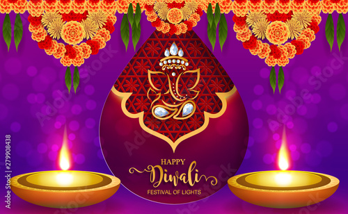Diwali, Deepavali or Dipavali the festival of lights india with gold diya patterned and crystals on paper color Background.