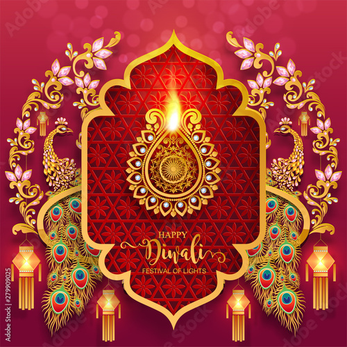 Diwali, Deepavali or Dipavali the festival of lights india with gold diya patterned and crystals on paper color Background.