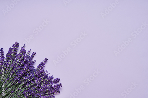 Lavender flowers bouquet on lilac backdrop. Copy space  top view. Summer background