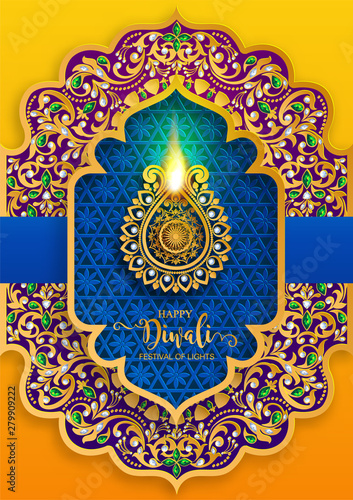 Diwali, Deepavali or Dipavali the festival of lights india with gold diya patterned and crystals on paper color Background.