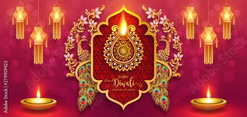 Diwali, Deepavali or Dipavali the festival of lights india with gold diya patterned and crystals on paper color Background.