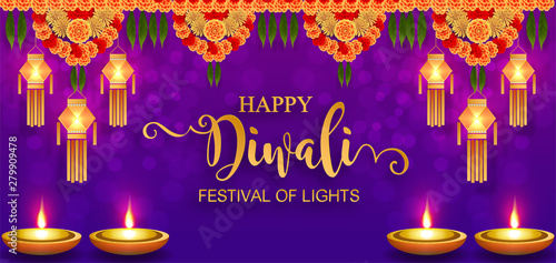 Diwali, Deepavali or Dipavali the festival of lights india with gold diya patterned and crystals on paper color Background.
