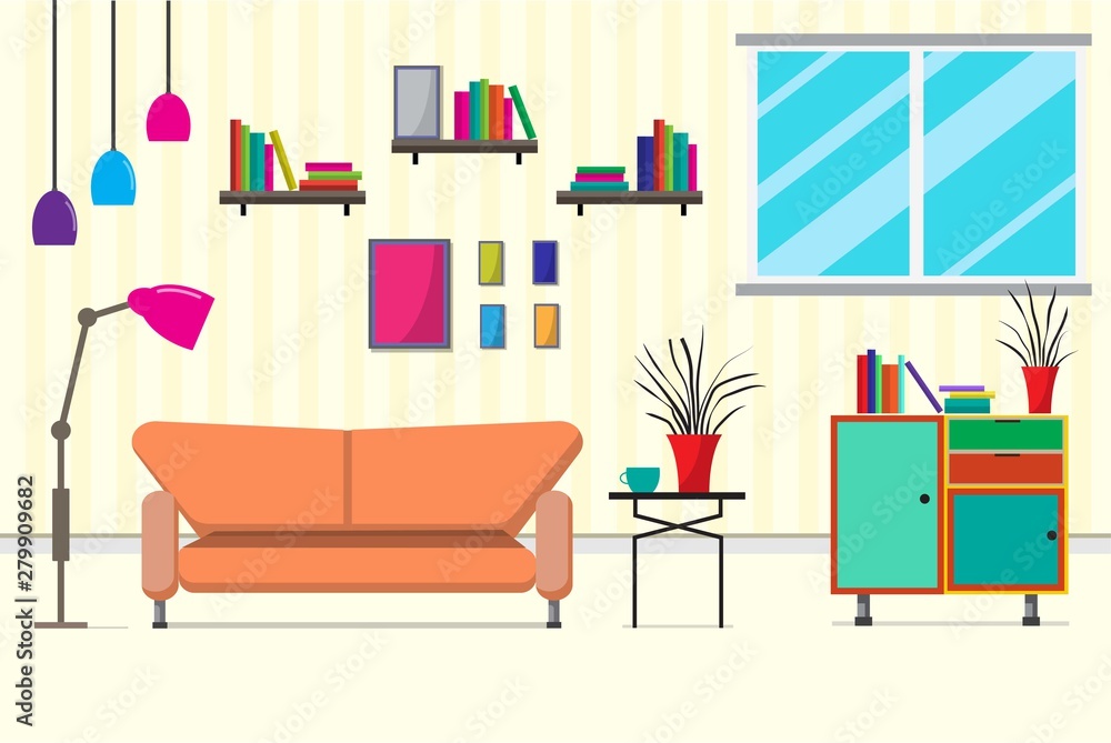 The living room with furniture.There are many things such as books,cabinet, windows,lamps,small trees,sofa, the wall room.The consists of pictures.Flat style vector illustration. The living room with furniture.There are many things such as books,cabinet, windows,lamps,small trees,sofa, the wall room.The consists of pictures.Flat style vector illustration.