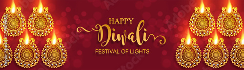 Diwali, Deepavali or Dipavali the festival of lights india with gold diya patterned and crystals on paper color Background.