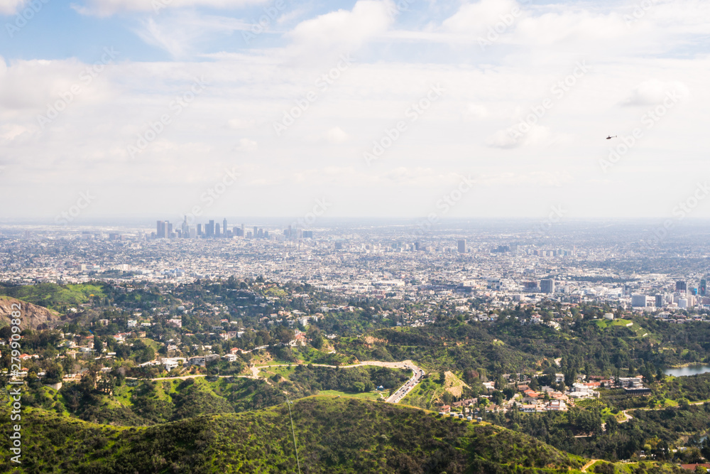 Beautiful view of Los Angeles city from Hollywood Hills and Sunset Blvd