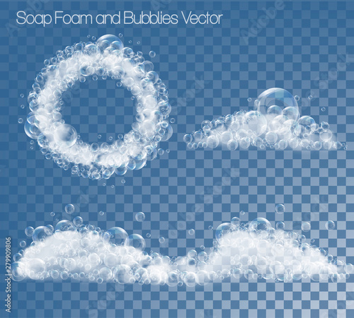Set of soap foam and bubbles on transparent background. Vector illustration