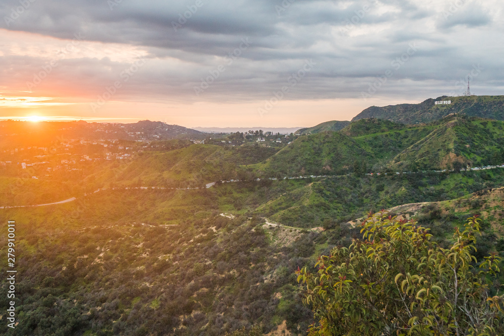 Beautiful sunset over Los Angeles and Hollywood Hills