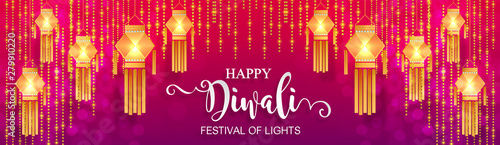 Diwali, Deepavali or Dipavali the festival of lights india with gold diya patterned and crystals on paper color Background.